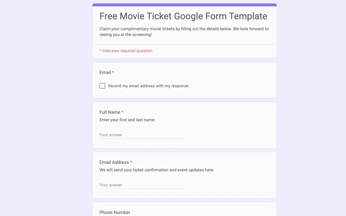 Preview of Free Movie Ticket Google Form Template