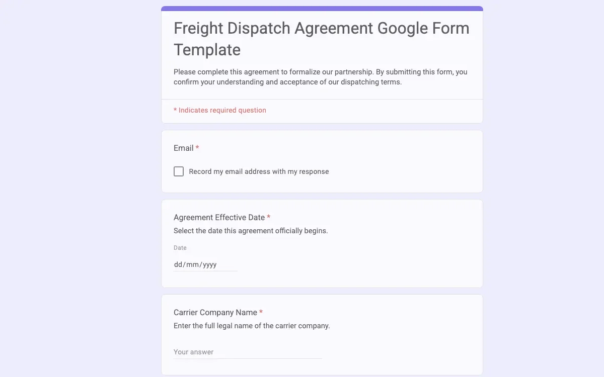 Preview of Freight Dispatch Agreement Google Form Template