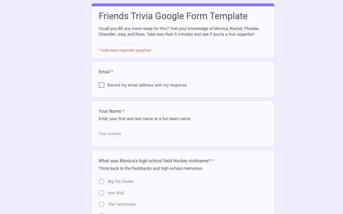 Preview of Friends Trivia Google Form Template