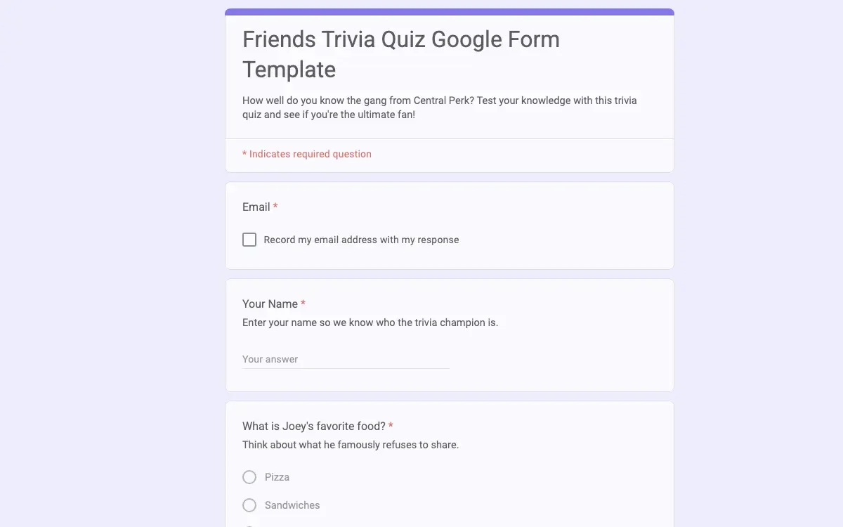 Preview of Friends Trivia Quiz Google Form Template