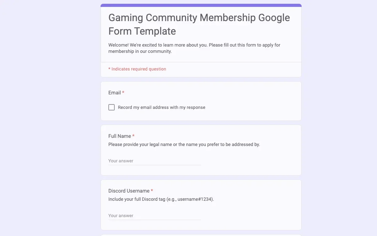 Preview of Gaming Community Membership Google Form Template