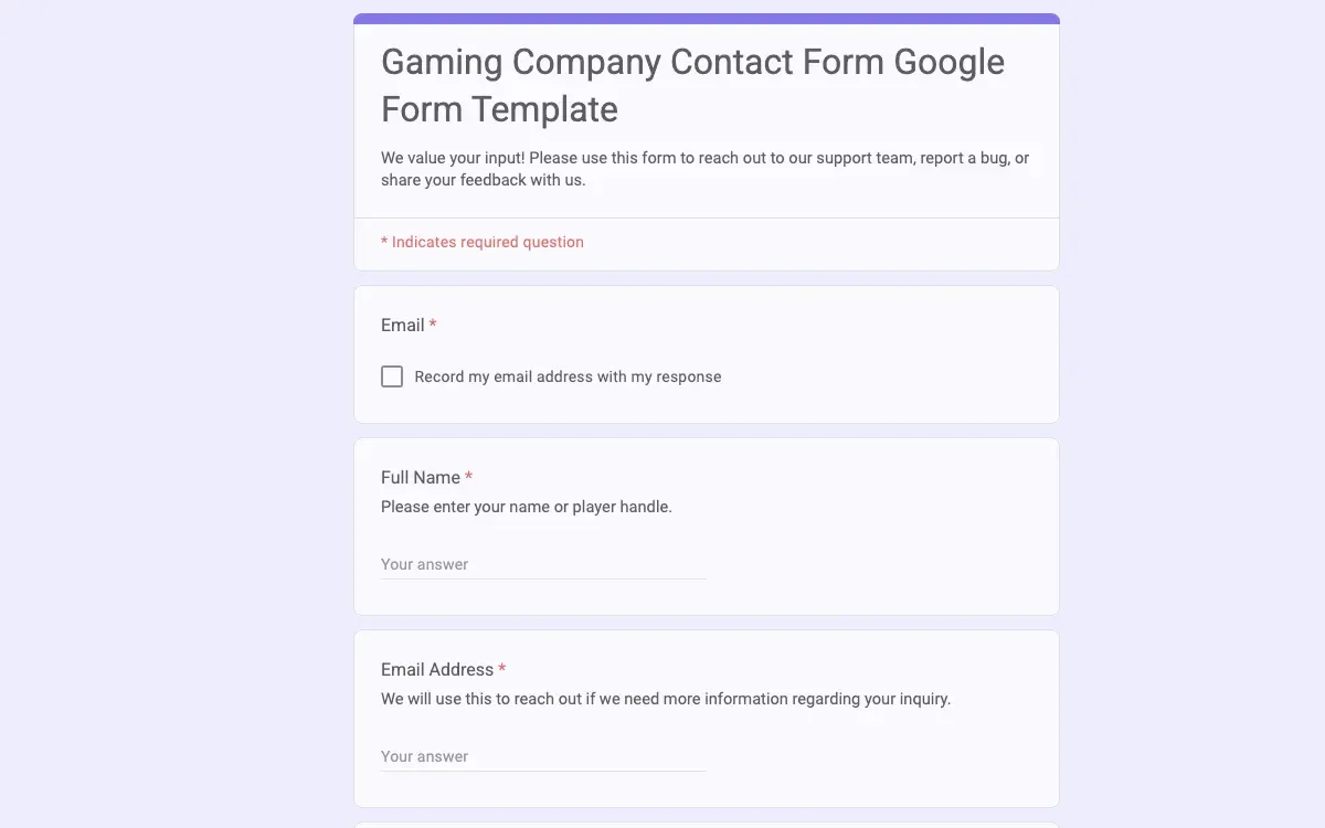Preview of Gaming Company Contact Form Google Form Template
