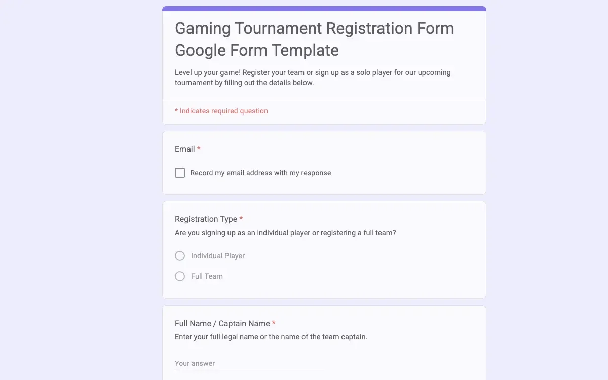 Preview of Gaming Tournament Registration Form Google Form Template