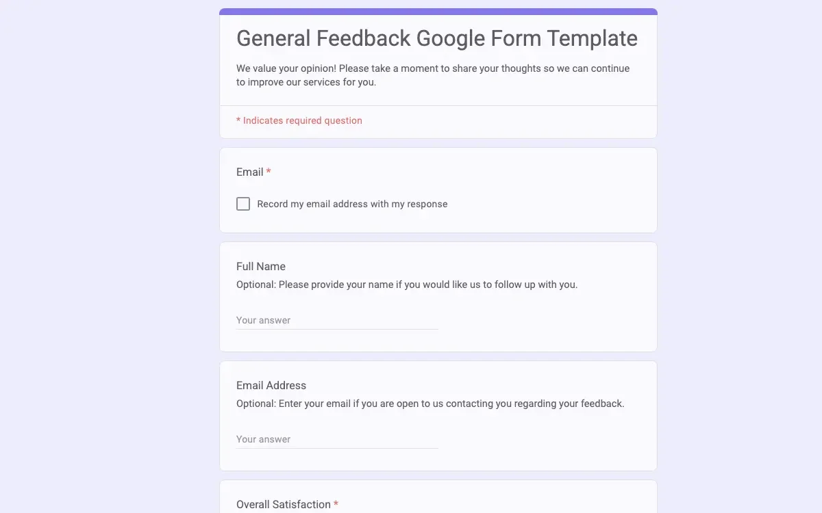 Preview of General Feedback Google Form Template