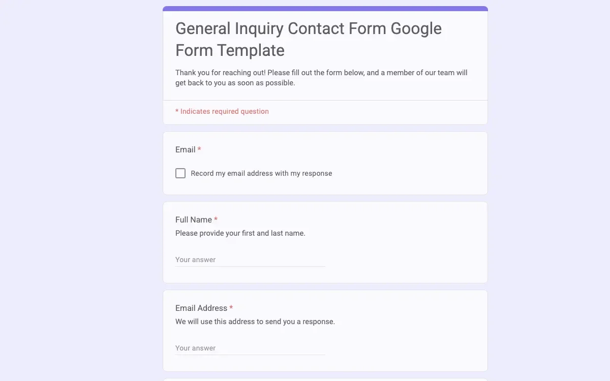 Preview of General Inquiry Contact Form Google Form Template
