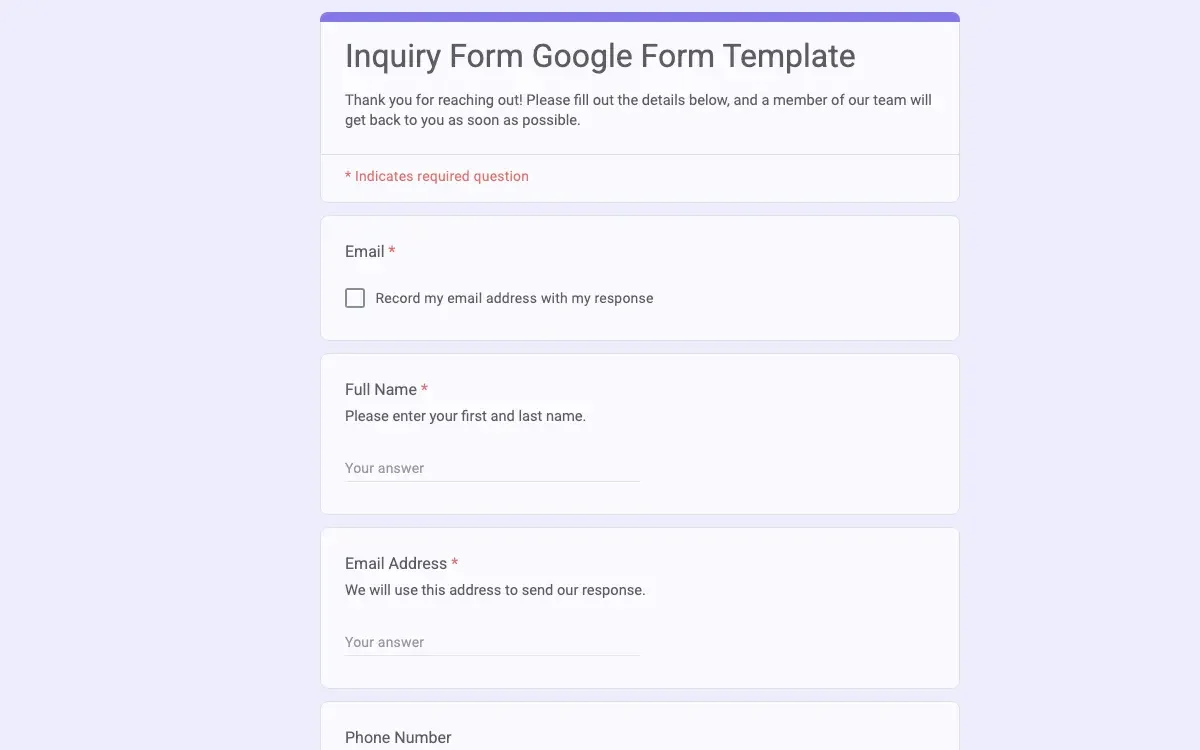 Preview of Inquiry Form Google Form Template