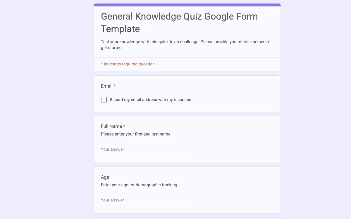 Preview of General Knowledge Quiz Google Form Template
