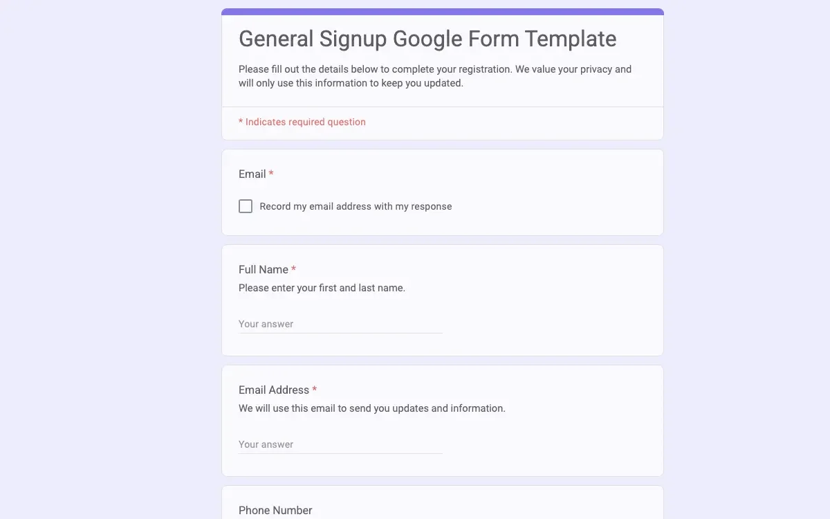 Preview of General Signup Google Form Template