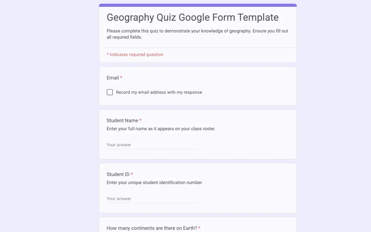 Preview of Geography Quiz Google Form Template
