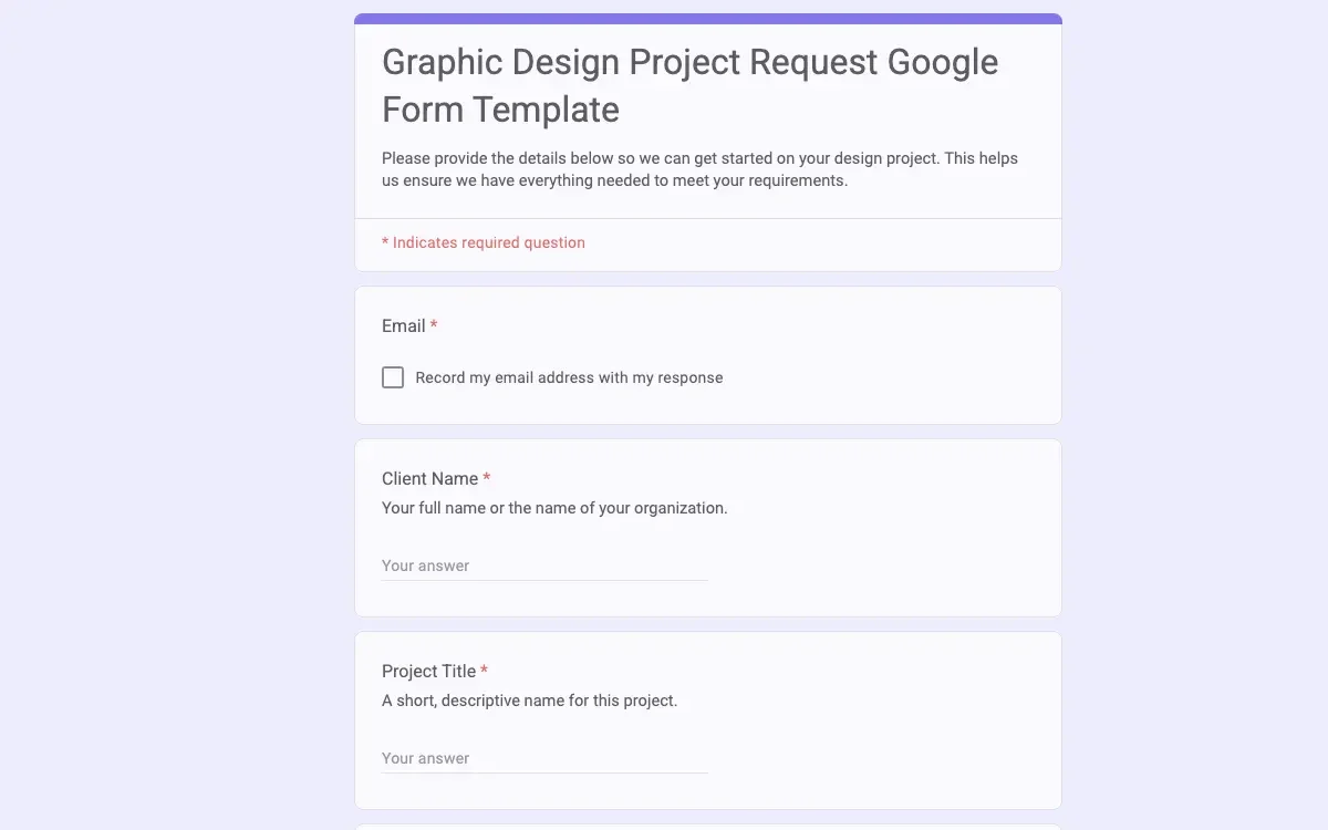 Preview of Graphic Design Project Request Google Form Template