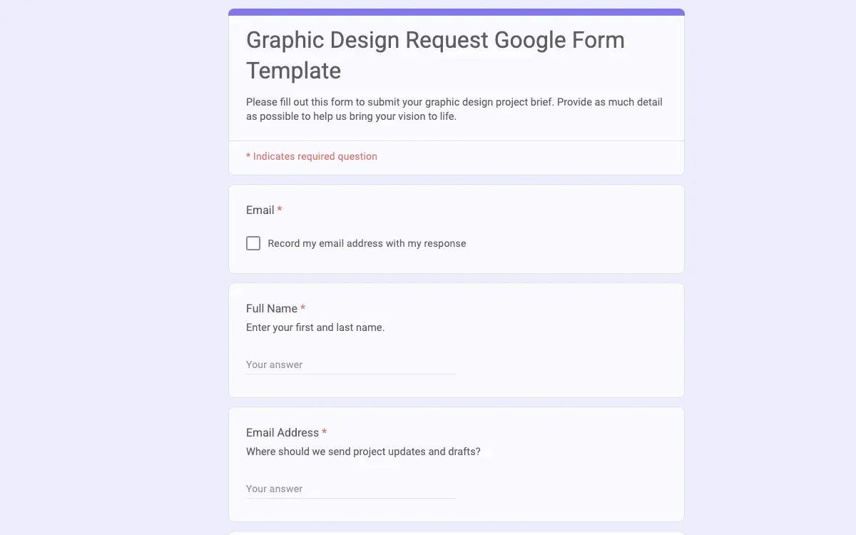 Preview of Graphic Design Request Google Form Template