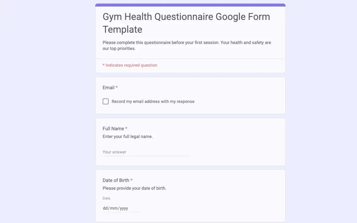 Preview of Gym Health Questionnaire Google Form Template