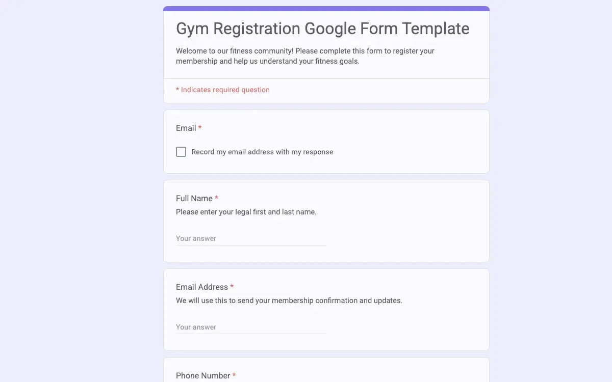 Preview of Gym Registration Google Form Template
