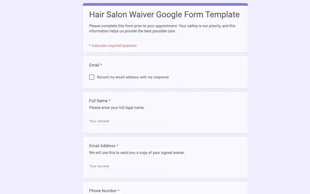 Preview of Hair Salon Waiver Google Form Template