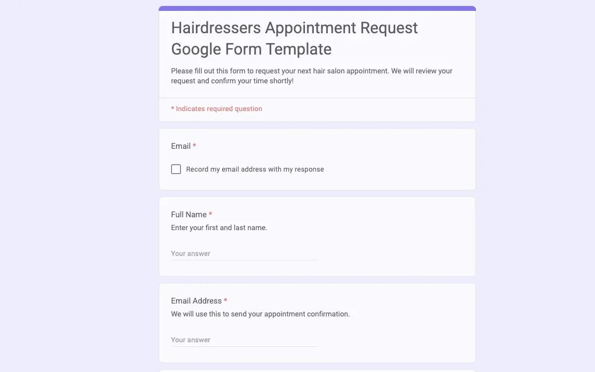Preview of Hairdressers Appointment Request Google Form Template
