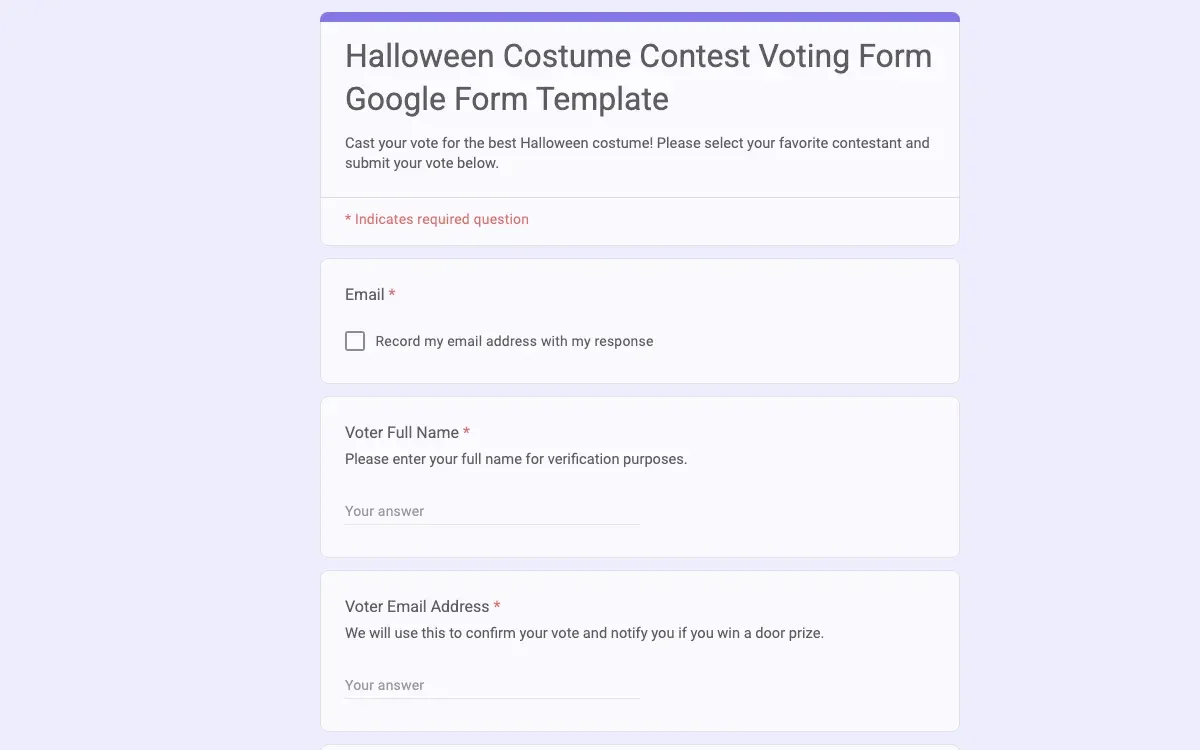 Preview of Halloween Costume Contest Voting Form Google Form Template