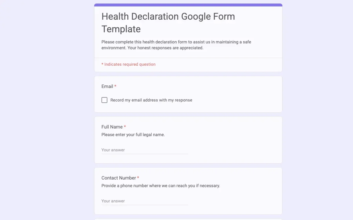 Preview of Health Declaration Google Form Template