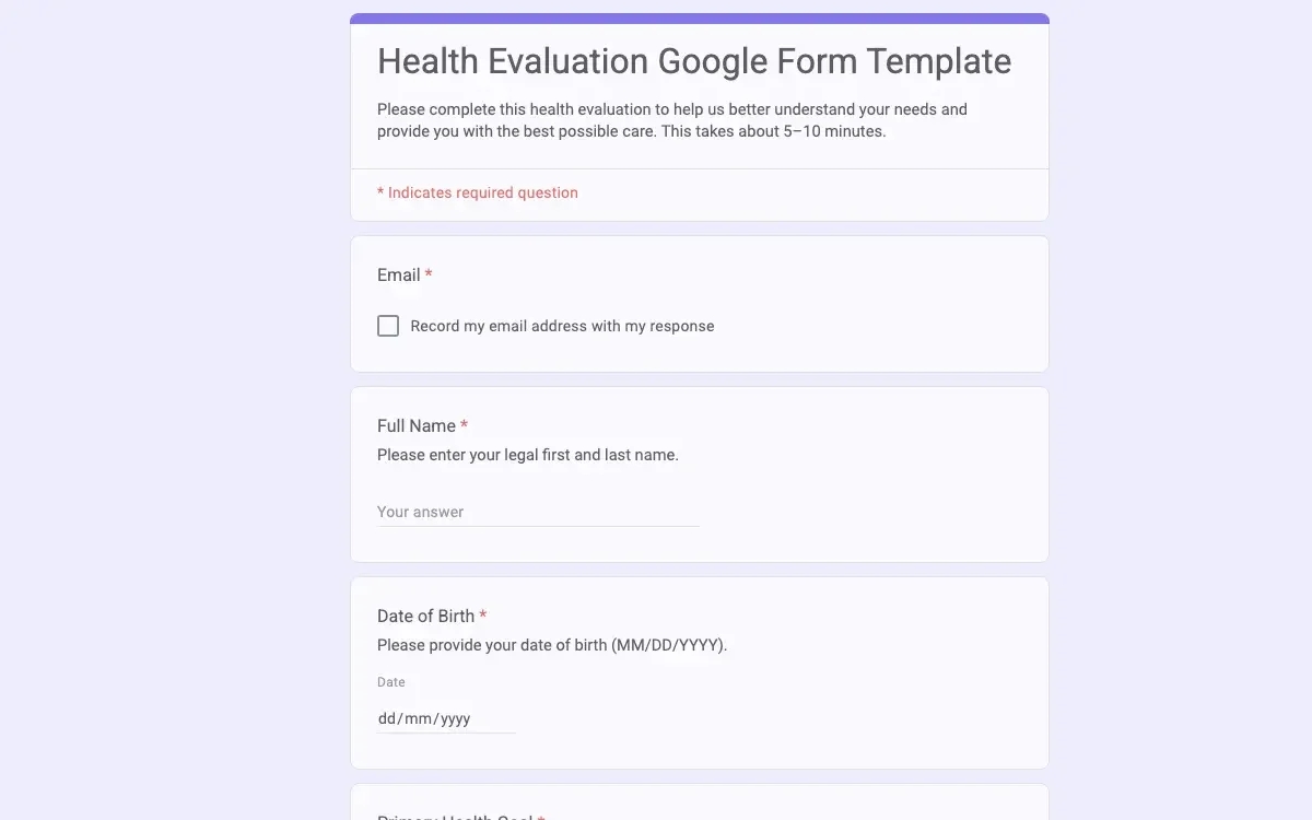 Preview of Health Evaluation Google Form Template