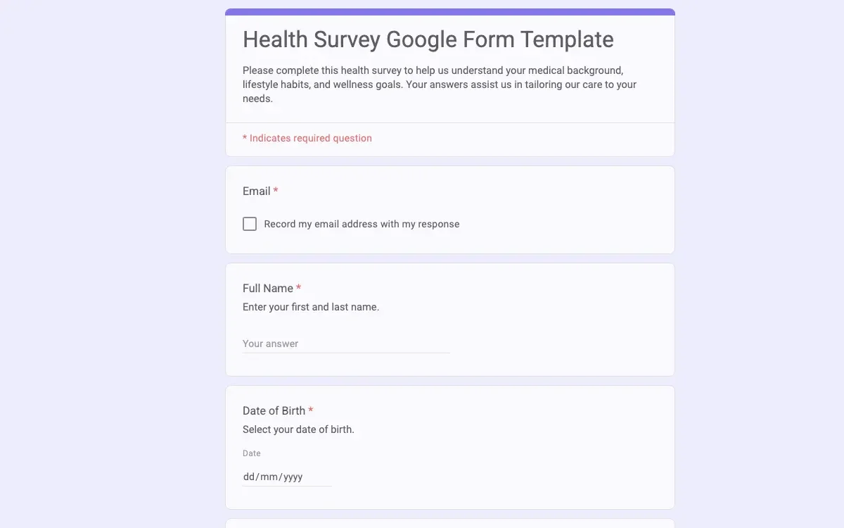 Preview of Health Survey Google Form Template