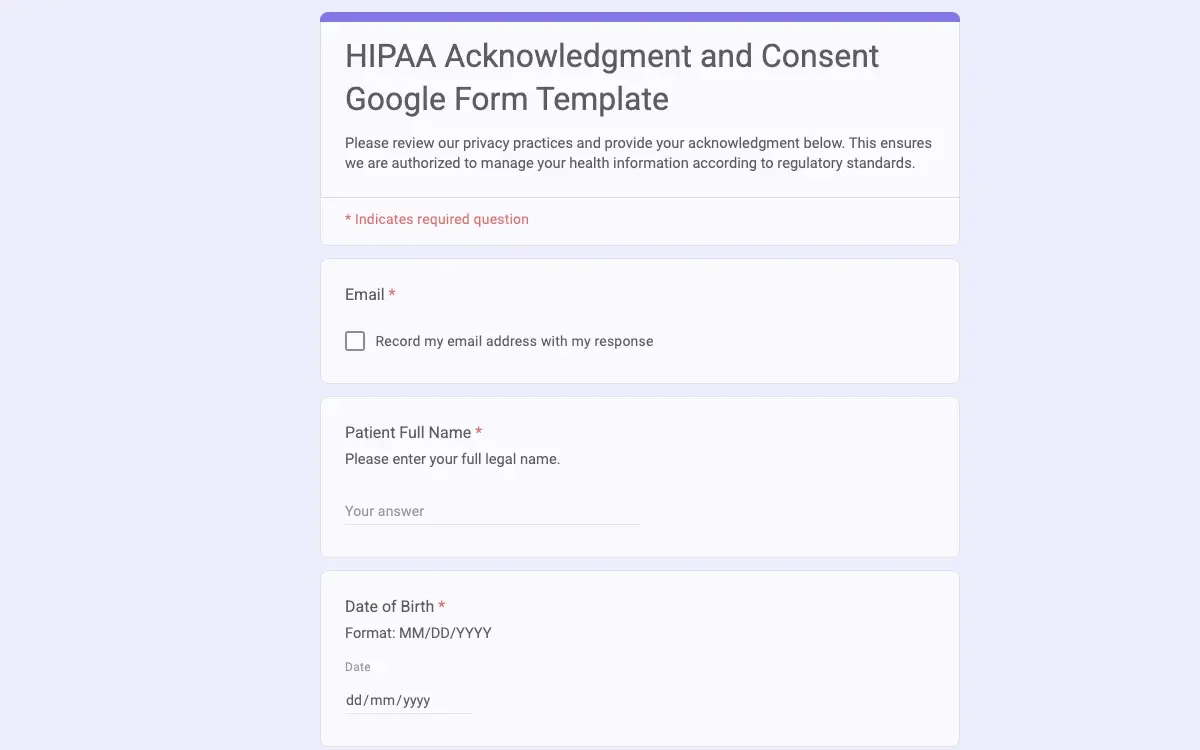 Preview of HIPAA Acknowledgment and Consent Google Form Template