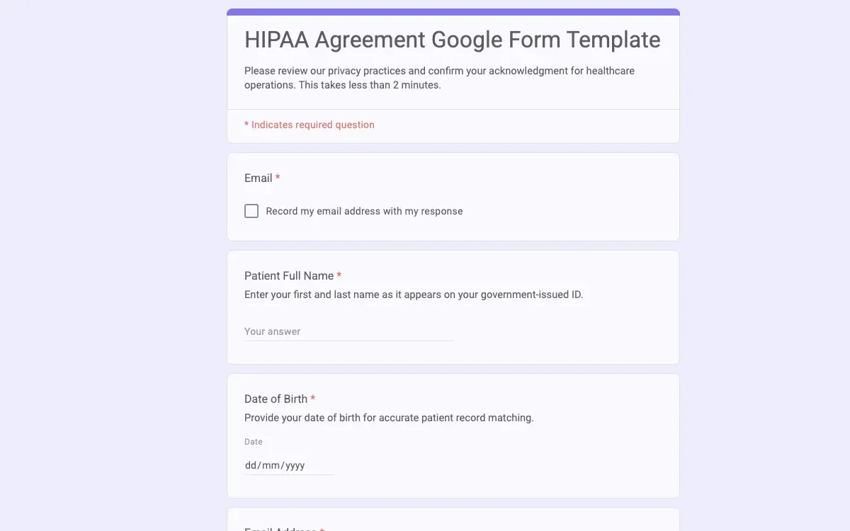 Preview of HIPAA Agreement Google Form Template