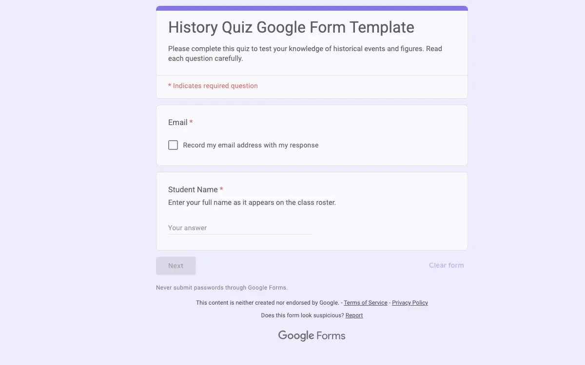Preview of History Quiz Google Form Template
