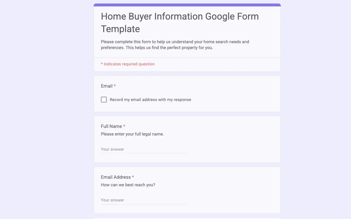 Preview of Home Buyer Information Google Form Template
