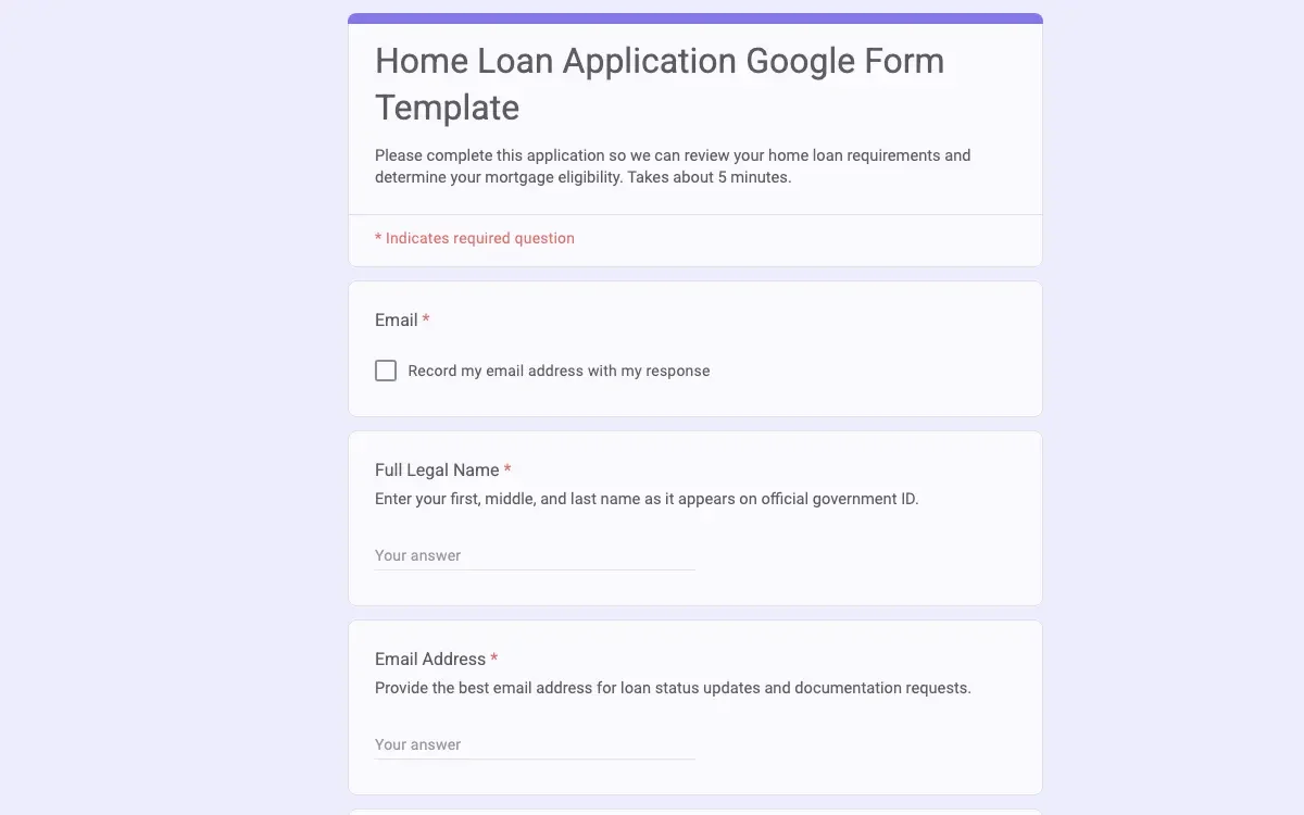 Preview of Home Loan Application Google Form Template