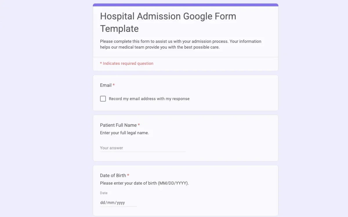 Preview of Hospital Admission Google Form Template