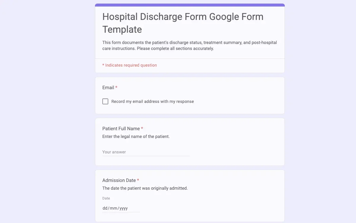 Preview of Hospital Discharge Form Google Form Template