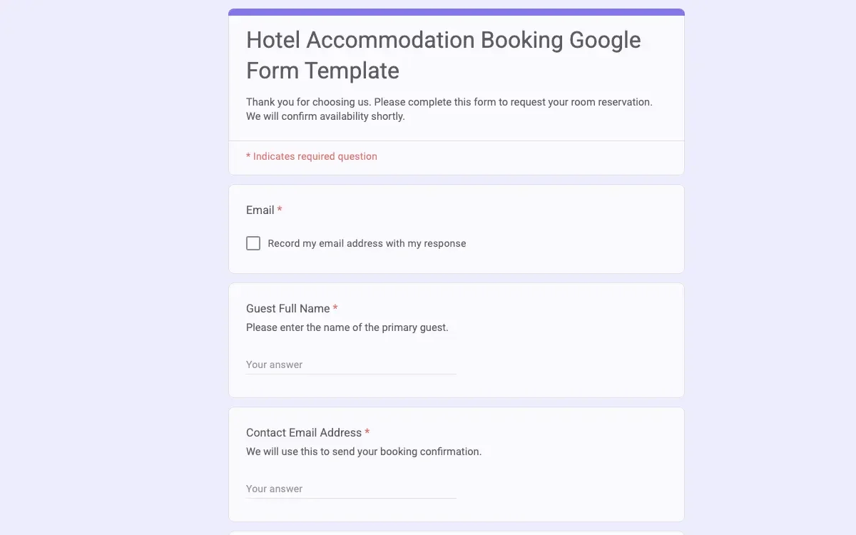 Preview of Hotel Accommodation Booking Google Form Template