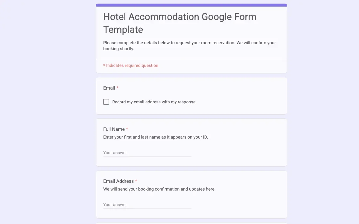 Preview of Hotel Accommodation Google Form Template