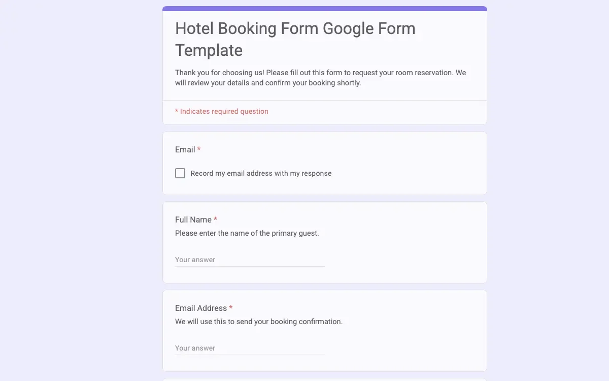 Preview of Hotel Booking Form Google Form Template