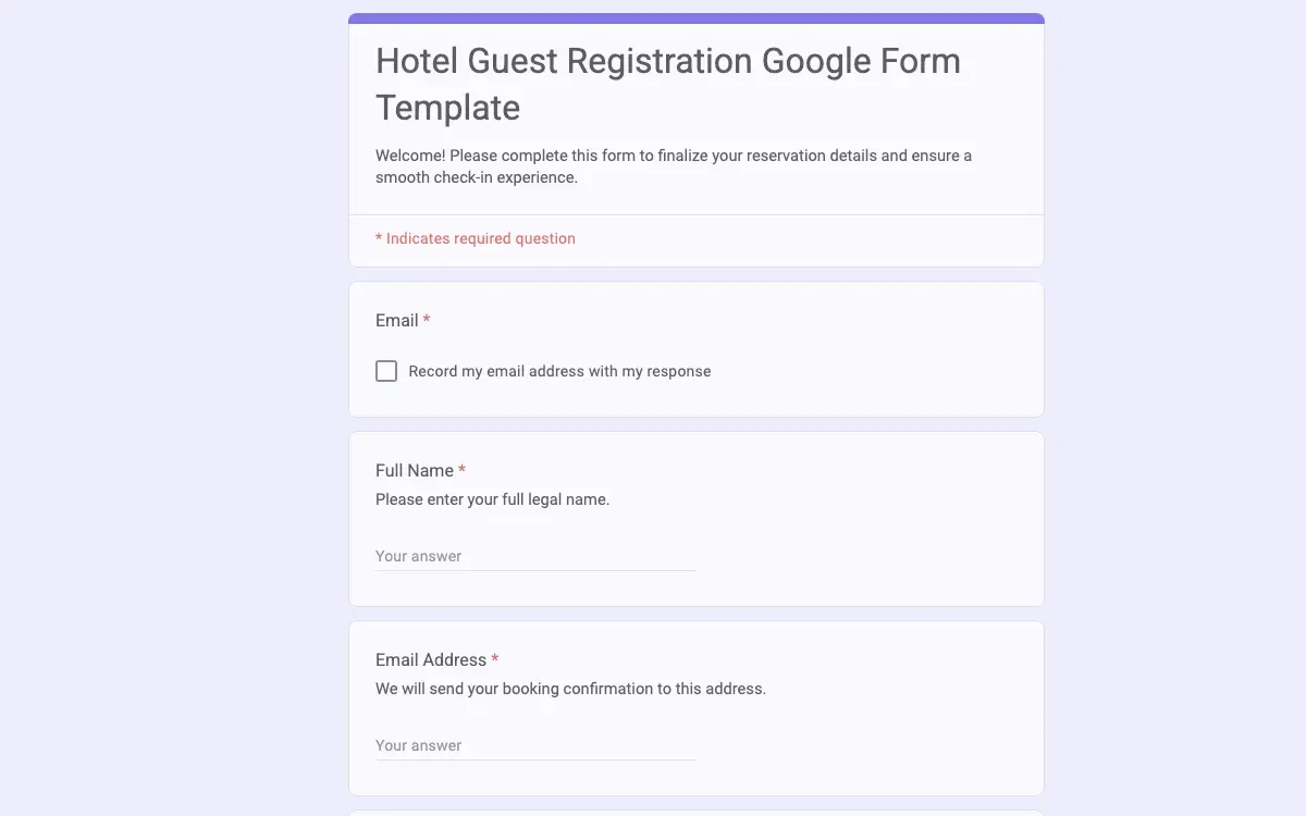 Preview of Hotel Guest Registration Google Form Template