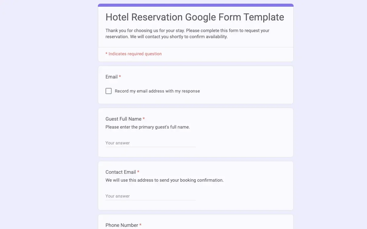 Preview of Hotel Reservation Google Form Template