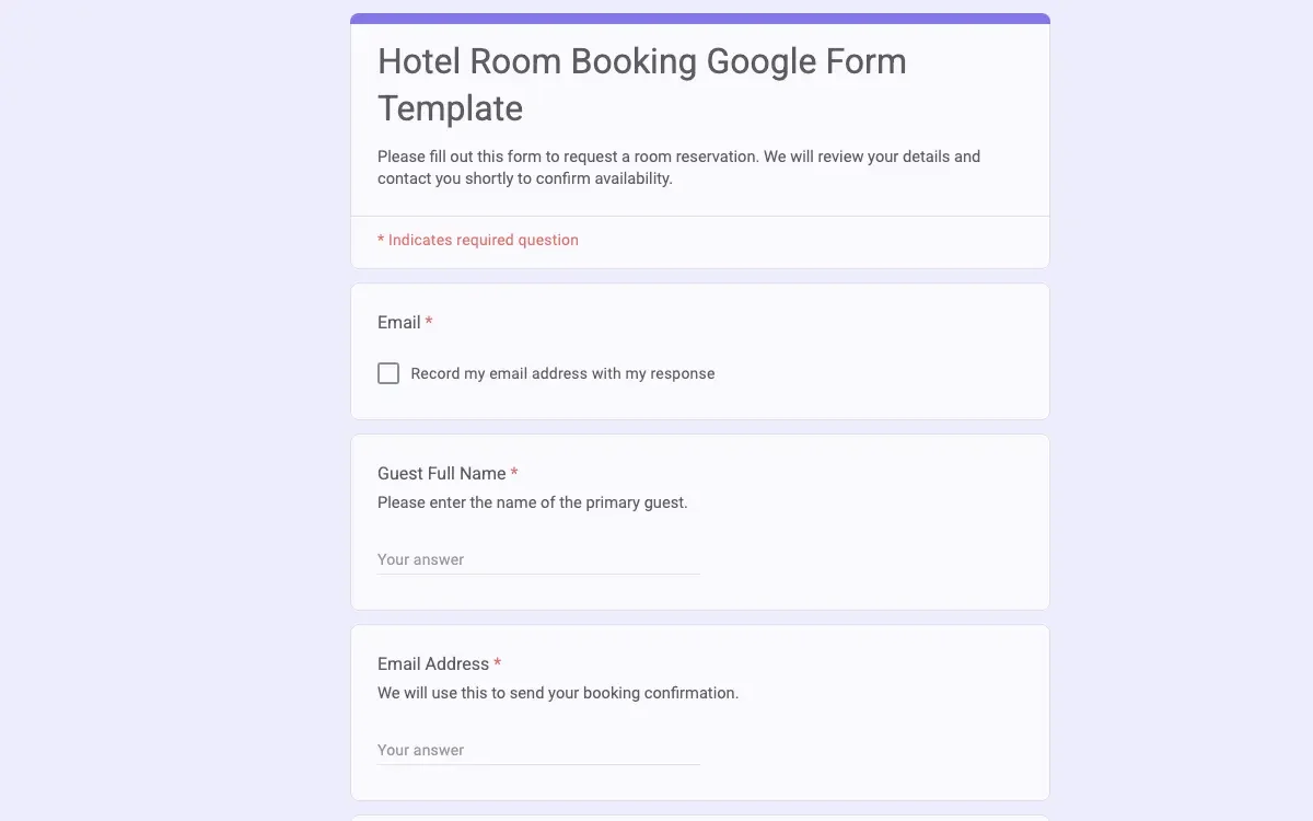 Preview of Hotel Room Booking Google Form Template