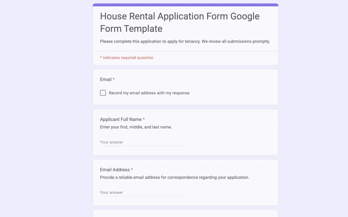 Preview of House Rental Application Form Google Form Template