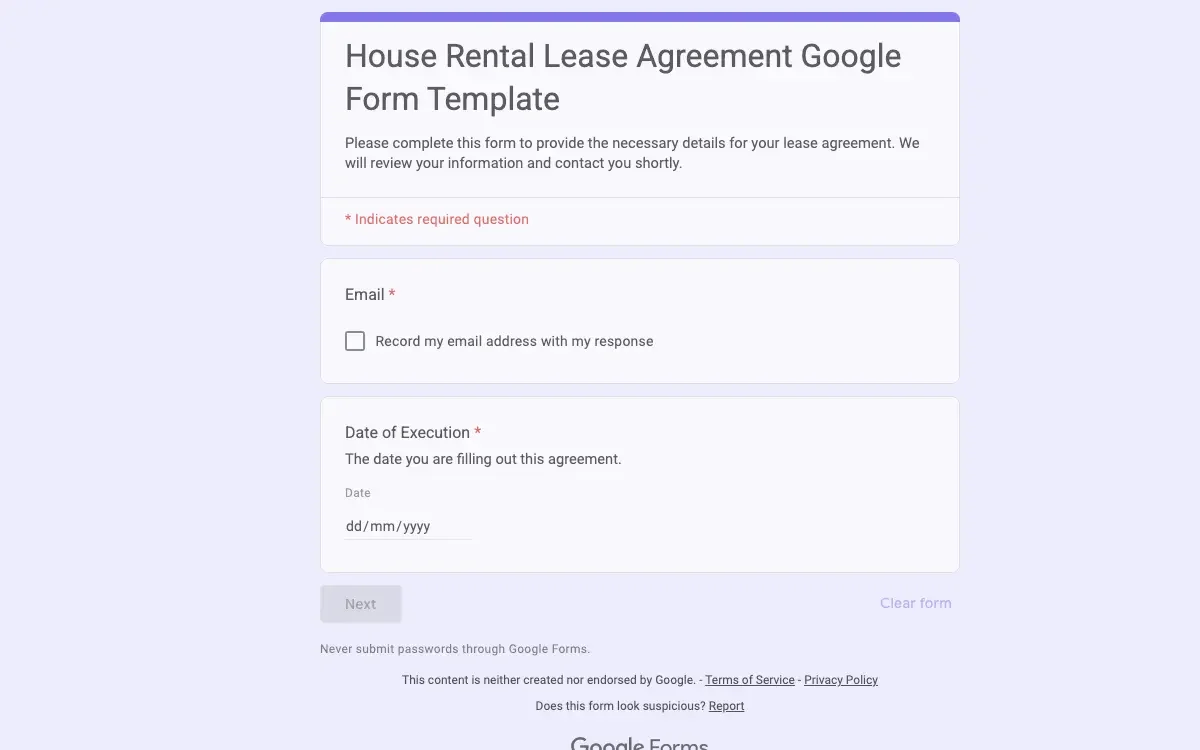 Preview of House Rental Lease Agreement Google Form Template