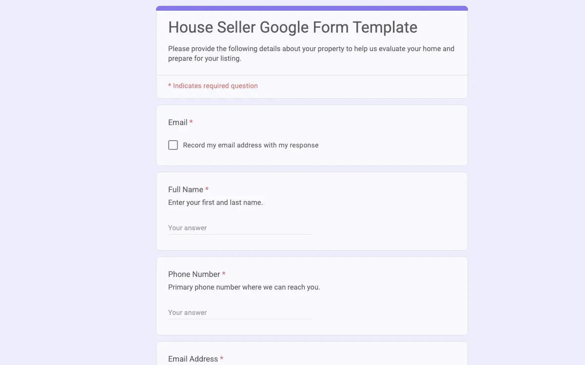 Preview of House Seller Google Form Template