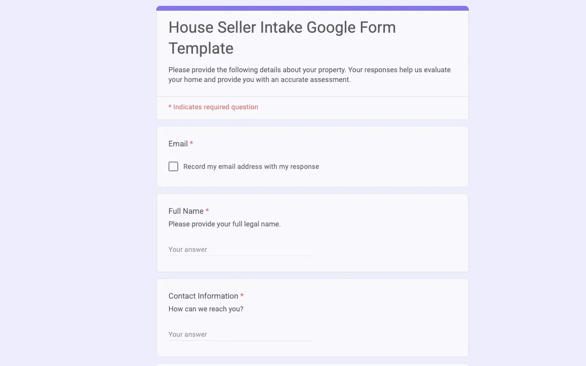 Preview of House Seller Intake Google Form Template