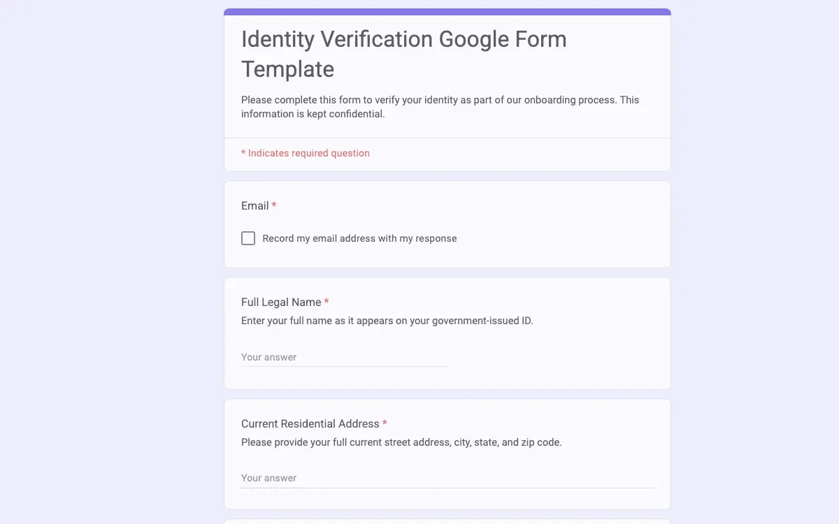 Preview of Identity Verification Google Form Template