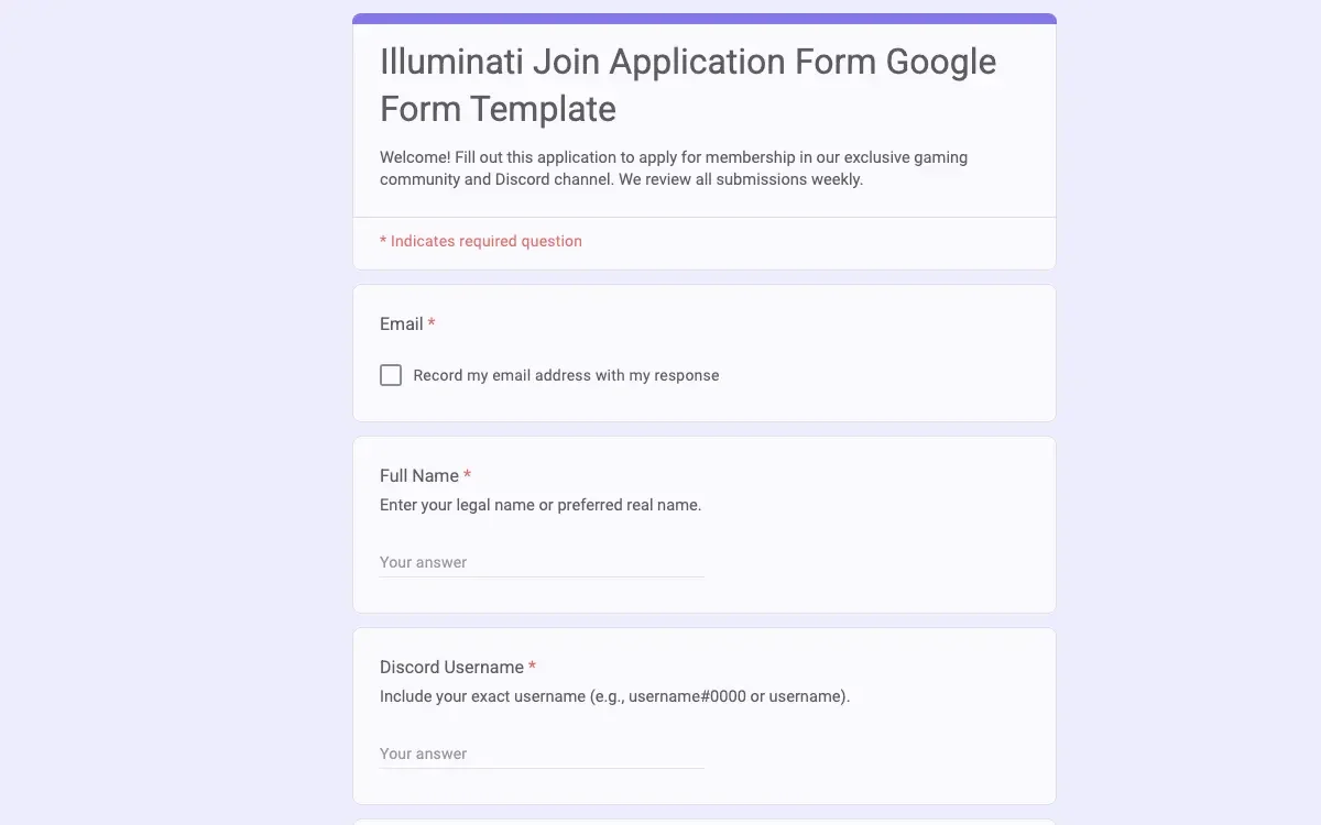 Preview of Illuminati Join Application Form Google Form Template