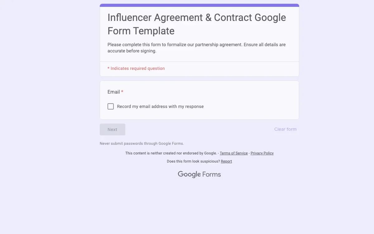 Preview of Influencer Agreement & Contract Google Form Template