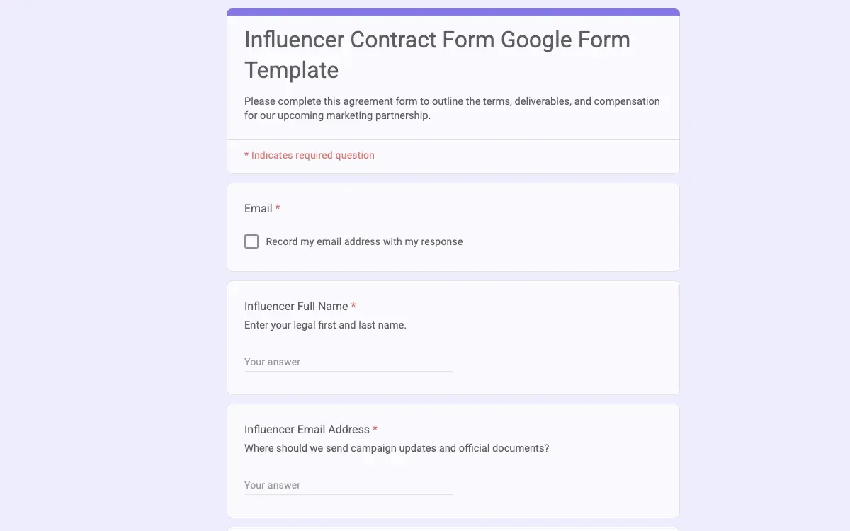 Preview of Influencer Contract Form Google Form Template