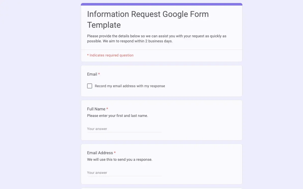 Preview of Information Request Google Form Template