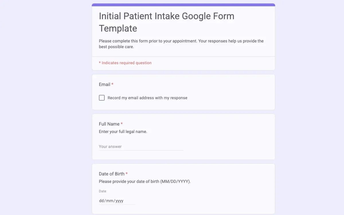 Preview of Initial Patient Intake Google Form Template