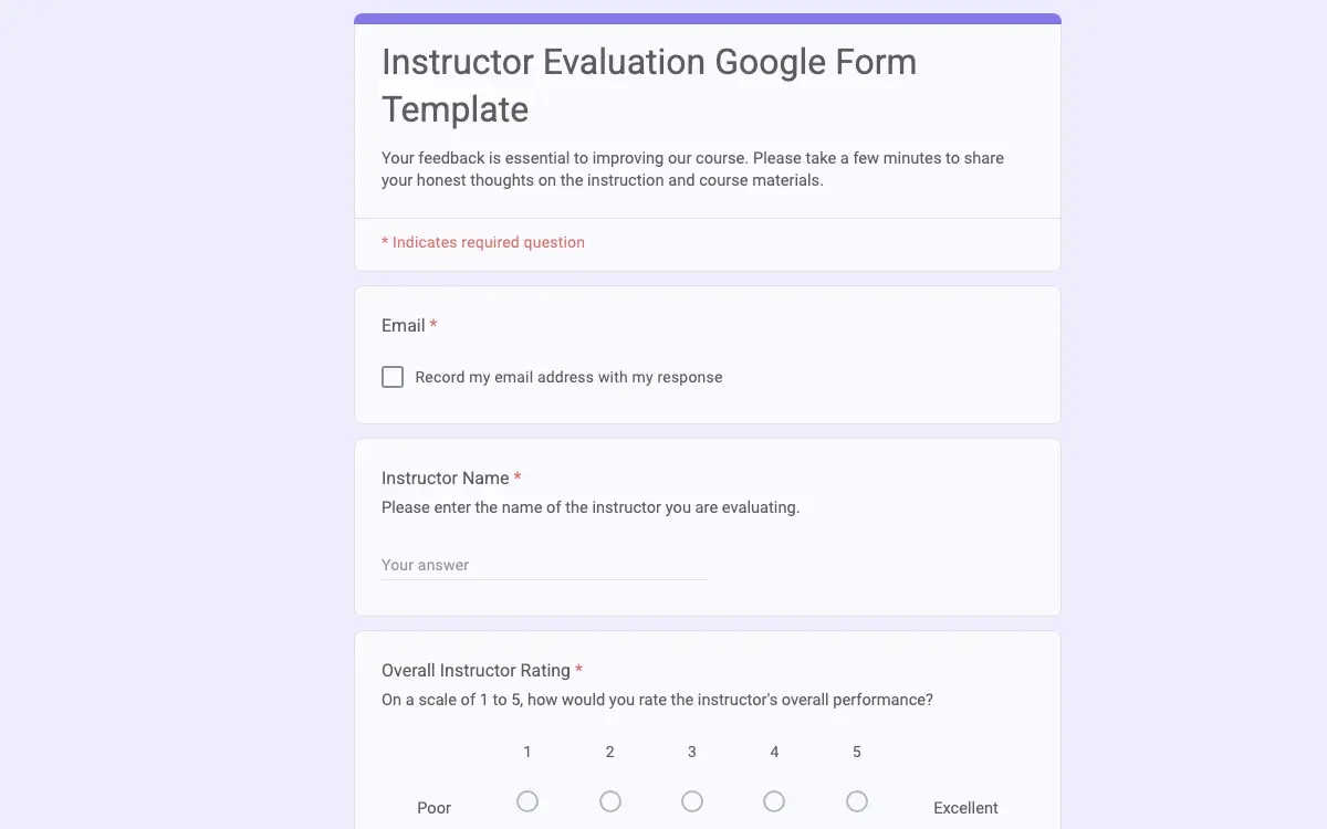 Preview of Instructor Evaluation Google Form Template