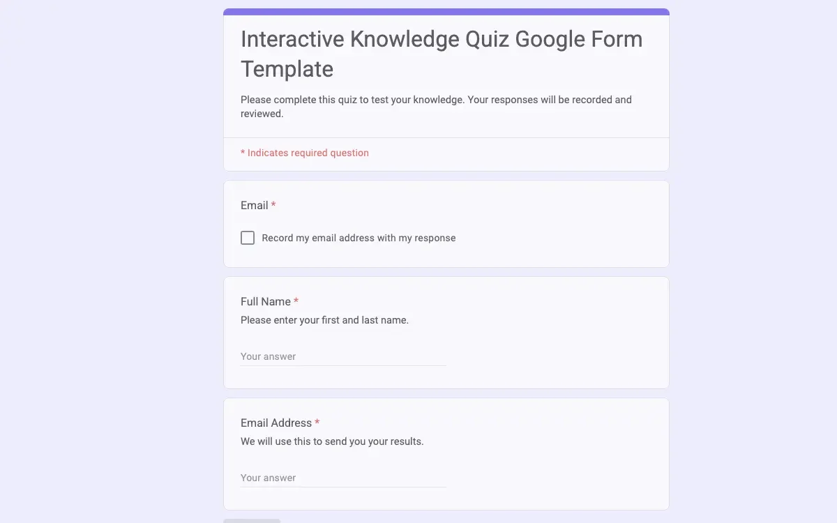 Preview of Interactive Knowledge Quiz Google Form Template