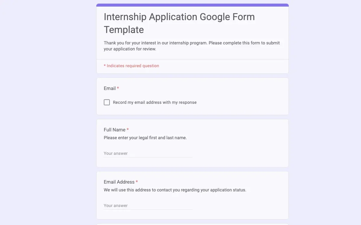 Preview of Internship Application Google Form Template