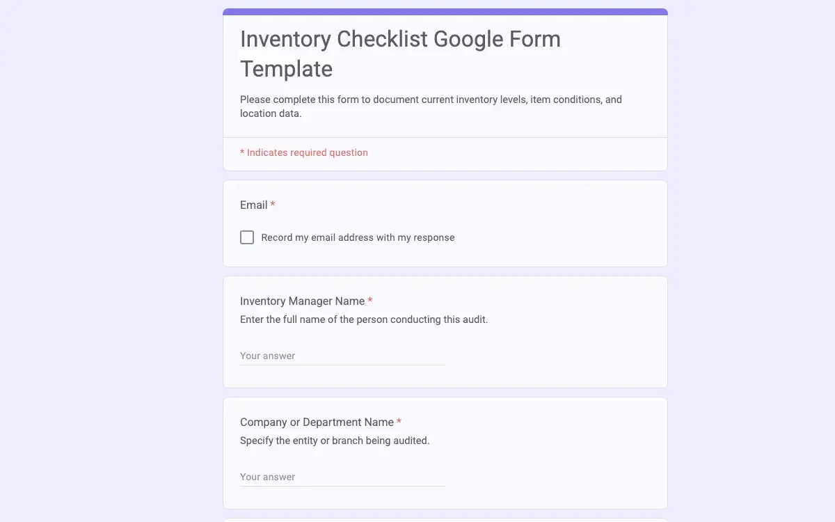 Preview of Inventory Checklist Google Form Template